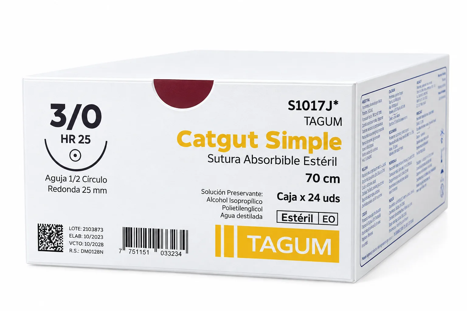 Sutura Catgut Simple Absorbible 3/0 HR25 -70 cm Caja x 24 uds - TAGUM