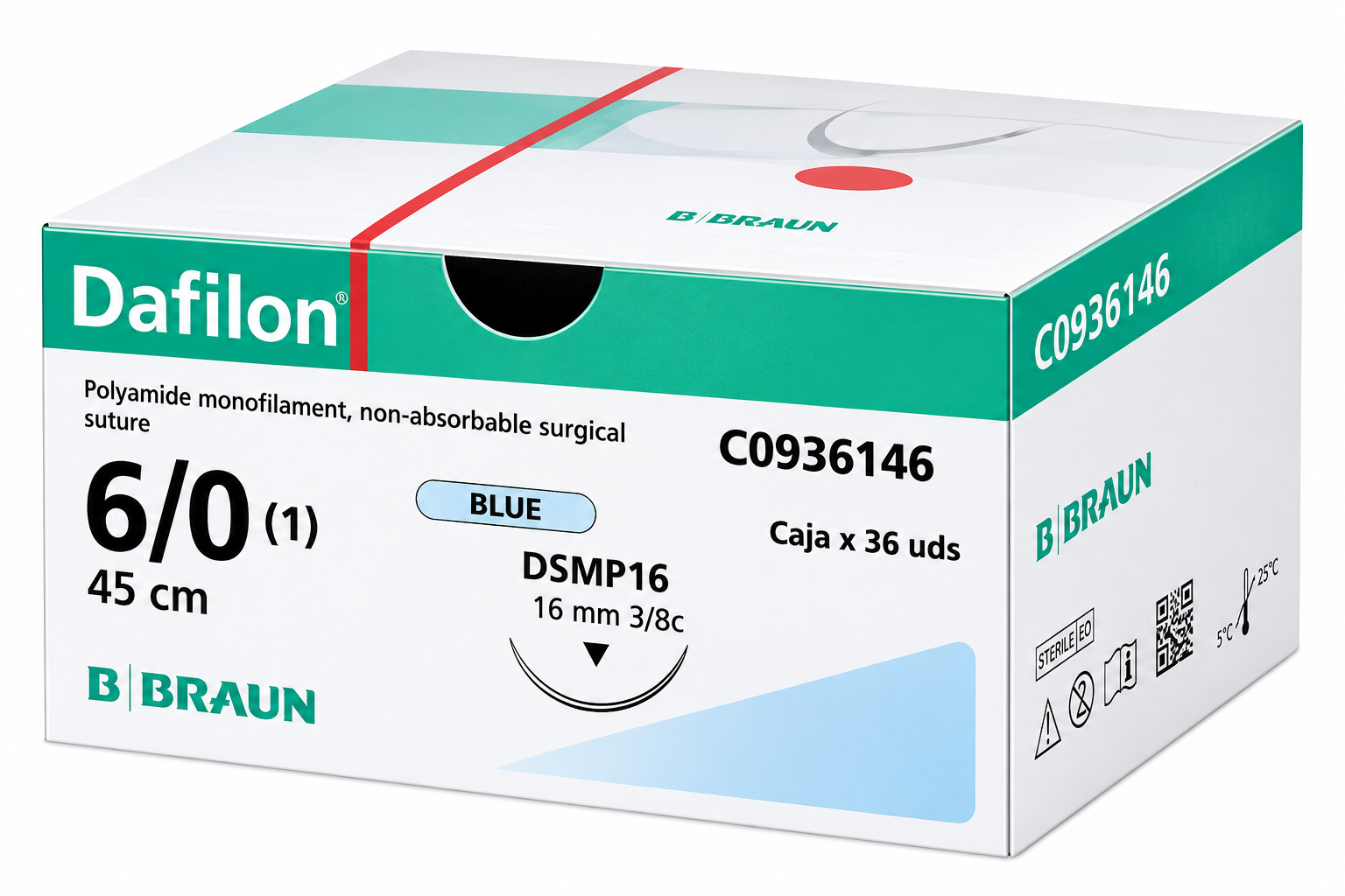 Sutura Dafilon Blue 6/0 (1) 45 cm DSMP16 C0936146 Caja x 36 uds - BBRAUN